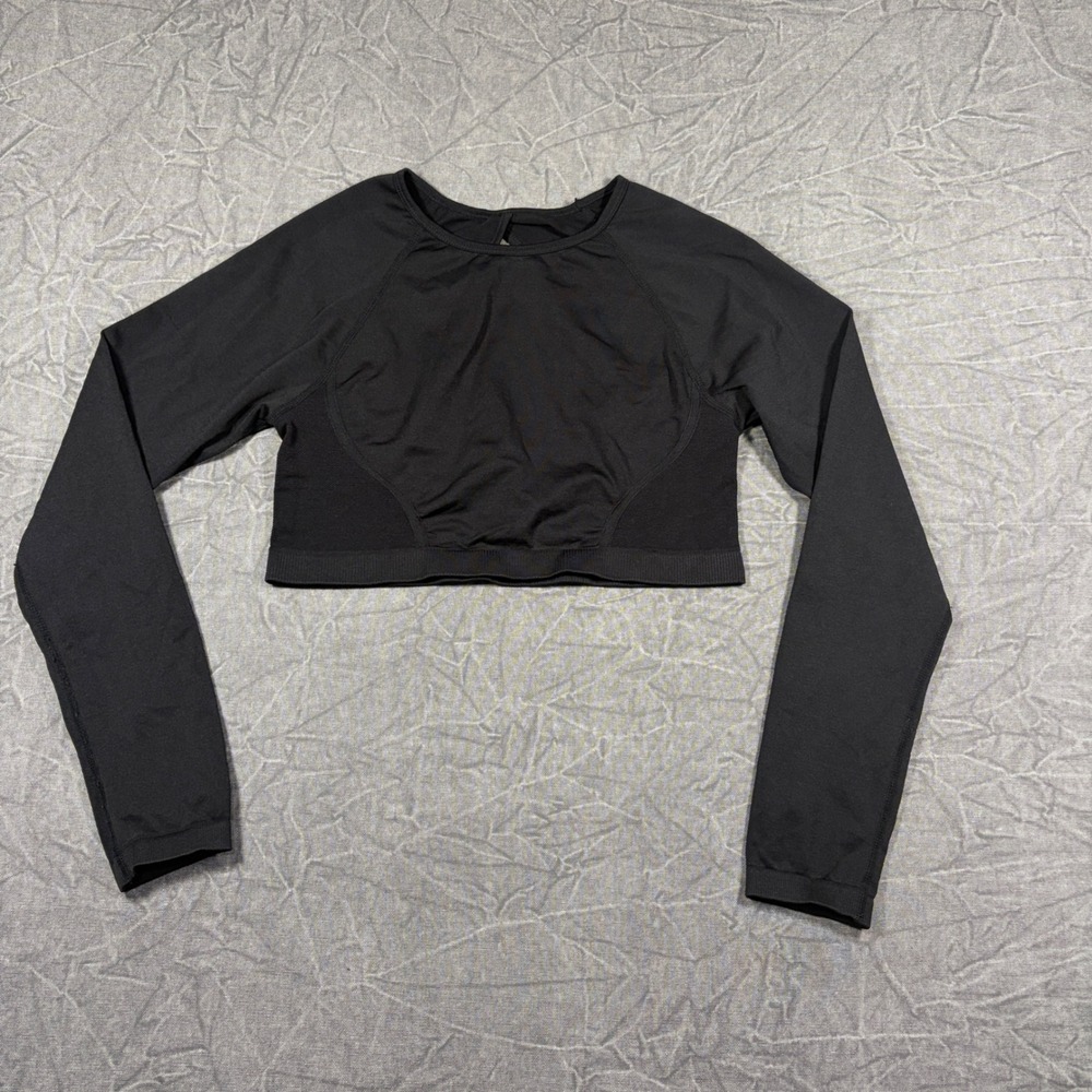 Unbranded Active Crop Top Women S/M Black Seamless Long Sleeve Open Back Mesh
